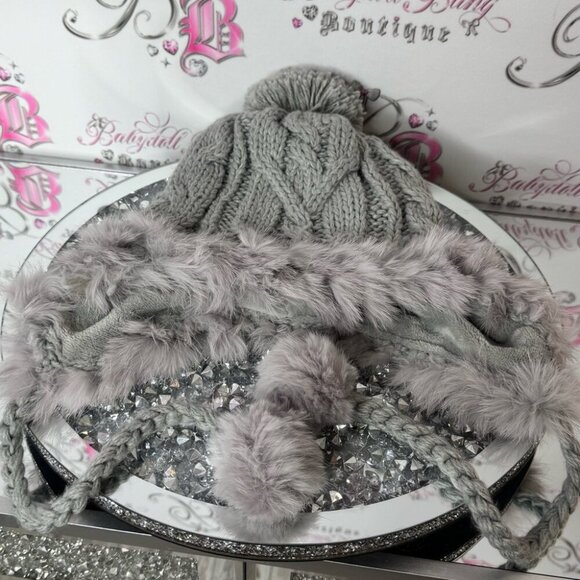 Hat trapper Gray Knit Pom Pom Hat rabbit Fur Trim main image 5